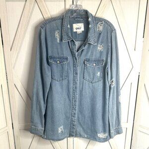 ONLY Blue Denim Milton Destroyed Button Down Shirt